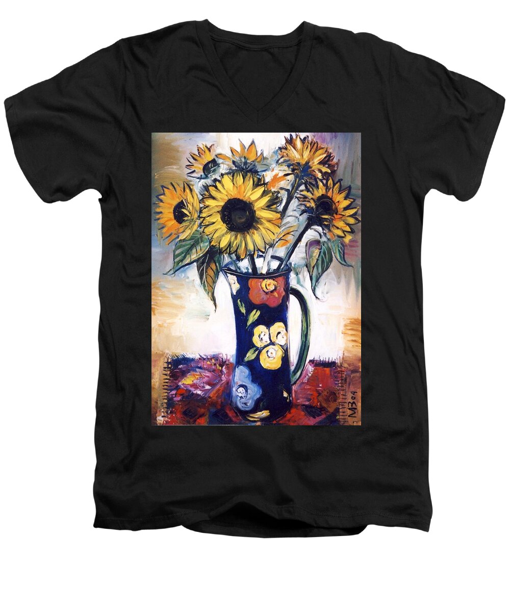  Men's V-Neck T-Shirt featuring the painting Sunflowers #1 by Mikhail Zarovny