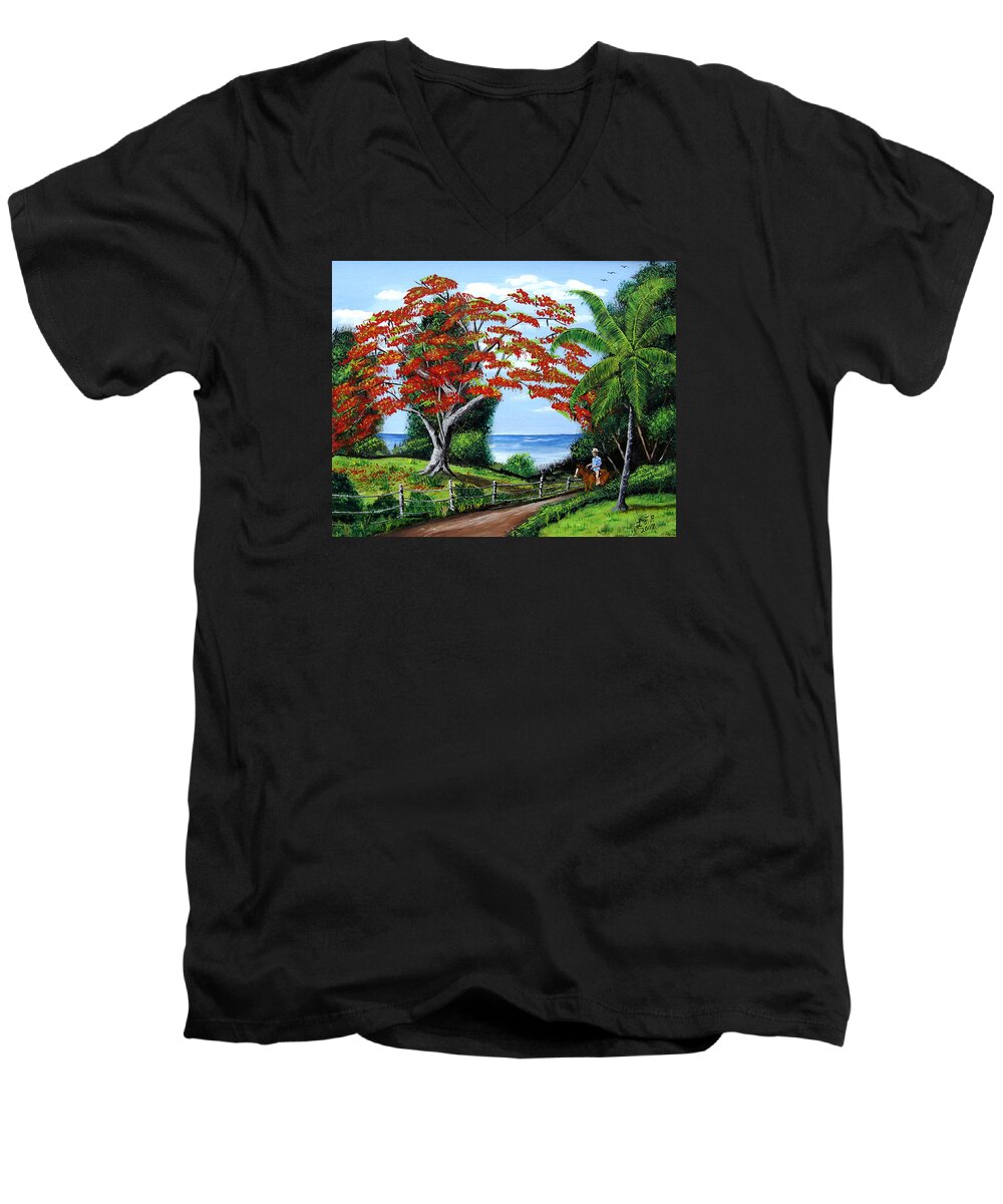 Tropical Landscape Men's V-Neck T-Shirt featuring the painting Tropical Landscape by Luis F Rodriguez