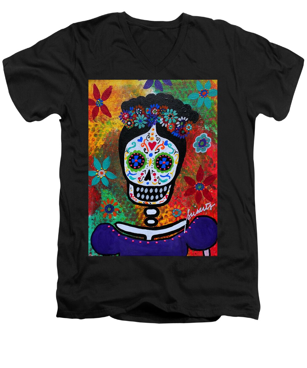 Frida Men's V-Neck T-Shirt featuring the painting Frida Kahlo #12 by Pristine Cartera Turkus