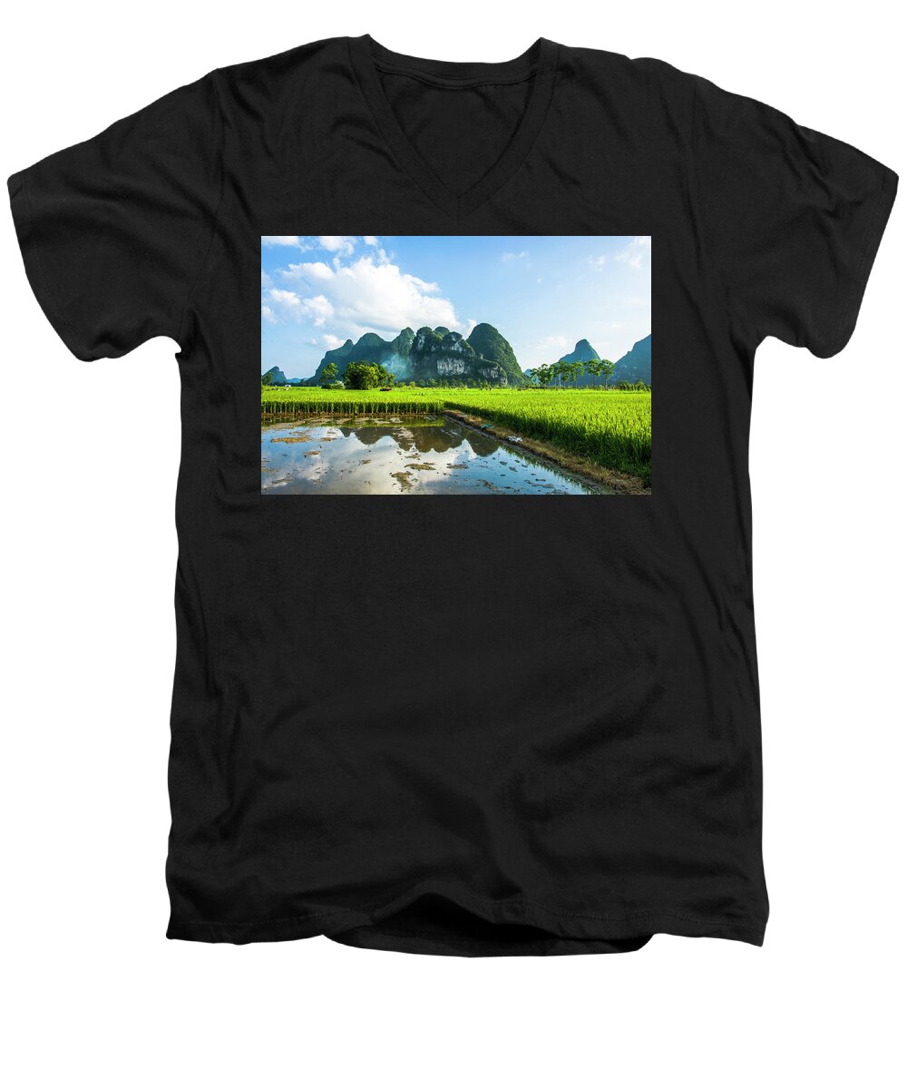 Landscape Men's V-Neck T-Shirt featuring the photograph The beautiful karst rural scenery #147 by Carl Ning