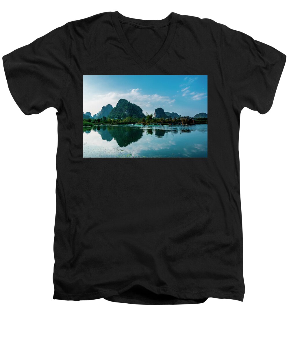 Nature Men's V-Neck T-Shirt featuring the photograph The karst mountains and river scenery #16 by Carl Ning