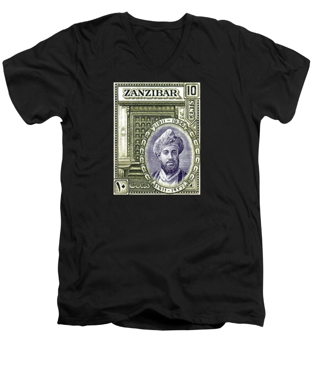 Zanzibar Men's V-Neck T-Shirt featuring the painting 1936 Sultan of Zanzibar Stamp by Historic Image