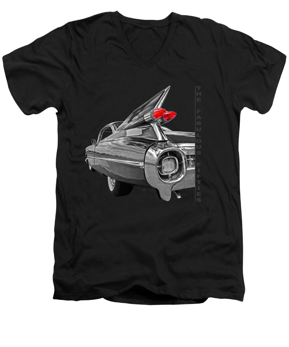 Cadillac Men's V-Neck T-Shirt featuring the photograph 1959 Cadillac Tail Fins by Gill Billington