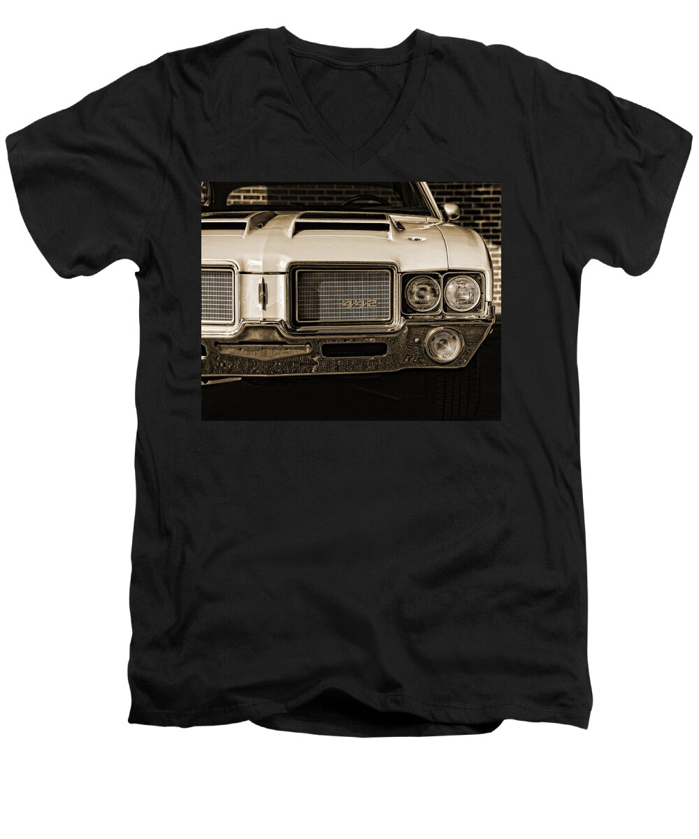 1972 Men's V-Neck T-Shirt featuring the photograph 1972 Olds 442 - Sepia by Gordon Dean II