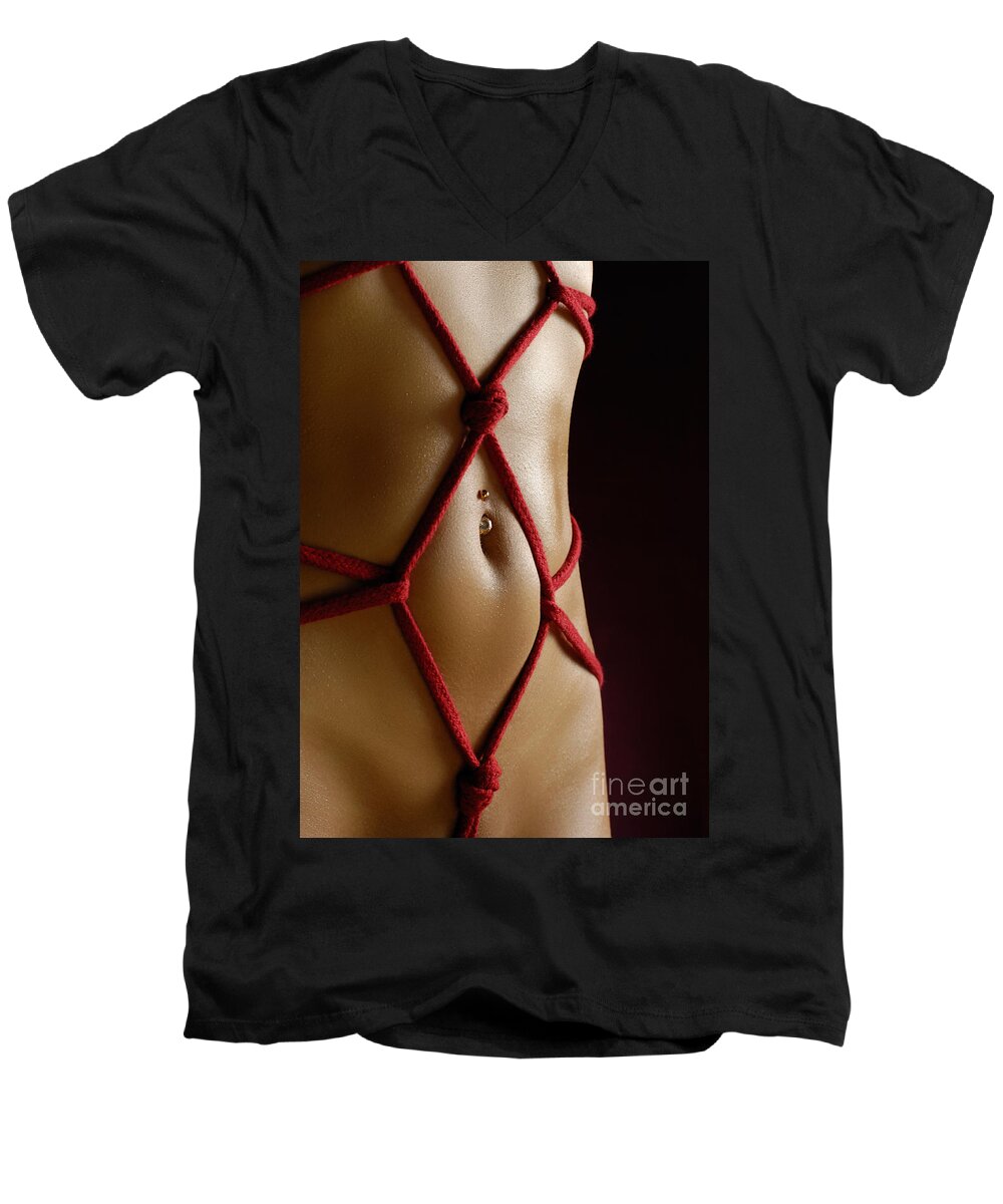 Bondage Men's V-Neck T-Shirt featuring the photograph Closeup of a Stomach with Decorative Rope Bondage Shibari by Maxim Images Exquisite Prints