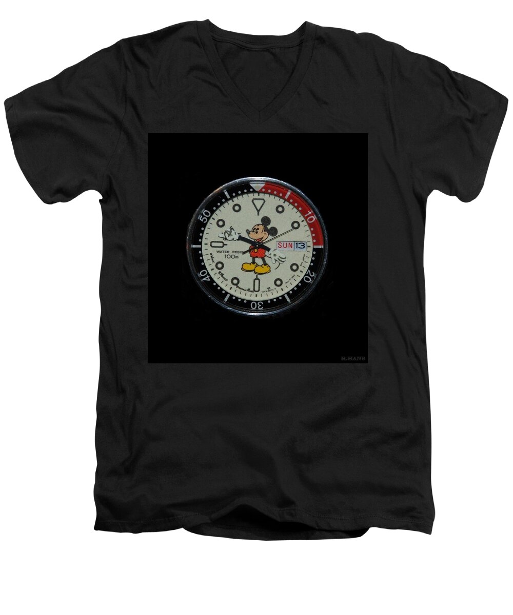 Mickey Mouse Men's V-Neck T-Shirt featuring the photograph Mickey Mouse Watch Face #2 by Rob Hans