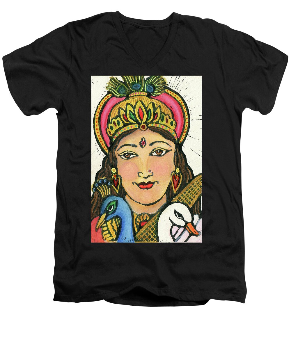 Jennifer Mazzucco Men's V-Neck T-Shirt featuring the mixed media Saraswati #2 by Jennifer Mazzucco