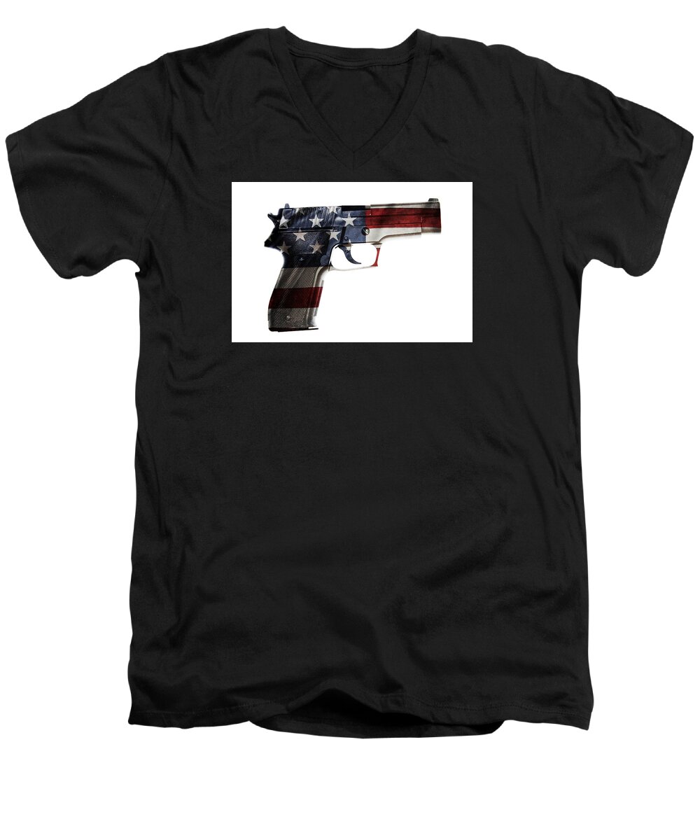 Firearm Men's V-Neck T-Shirt featuring the photograph USA gun #2 by Les Cunliffe