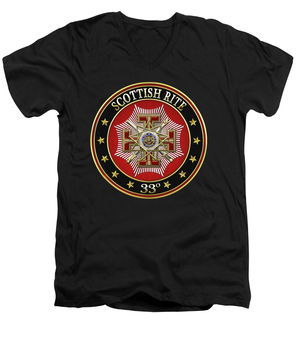 'scottish Rite' Collection By Serge Averbukh Men's V-Neck T-Shirt featuring the digital art 33rd Degree - Inspector General Jewel on Black Leather by Serge Averbukh