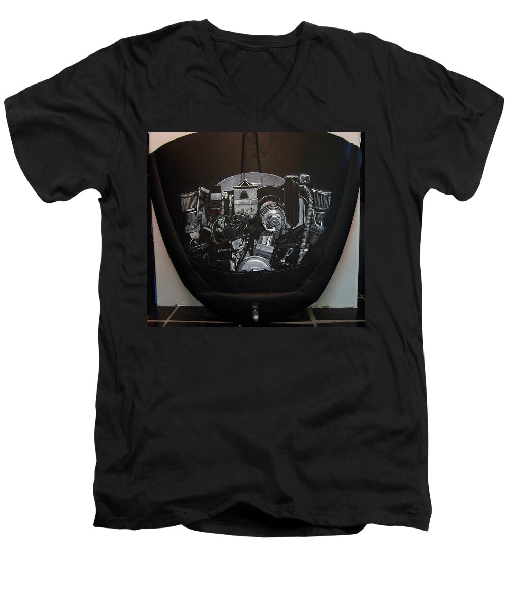 Vw Men's V-Neck T-Shirt featuring the painting 356 Porsche Engine on a VW Cover by Richard Le Page