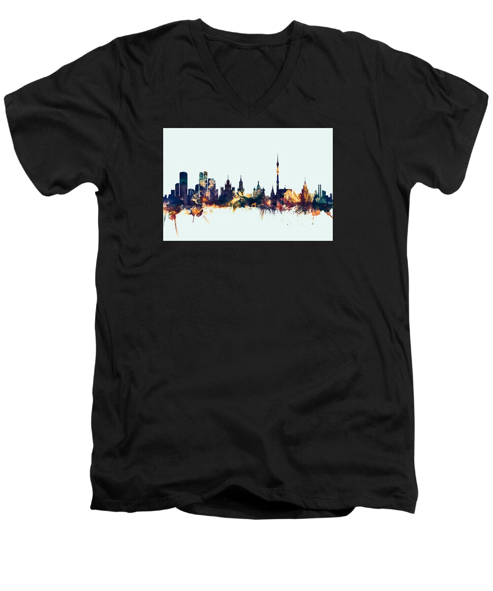 Watercolour Men's V-Neck T-Shirt featuring the digital art Moscow Russia Skyline #4 by Michael Tompsett