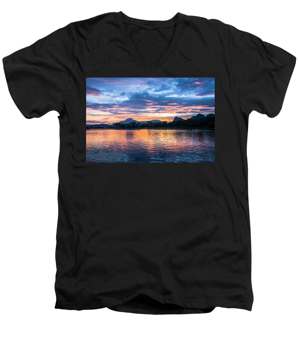 River Men's V-Neck T-Shirt featuring the photograph Sunrise scenery in the morning #7 by Carl Ning