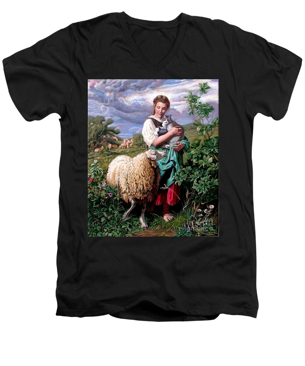 Landscape Men's V-Neck T-Shirt featuring the painting A Cat for J. B. Hofner_ Raindrops by George I Perez