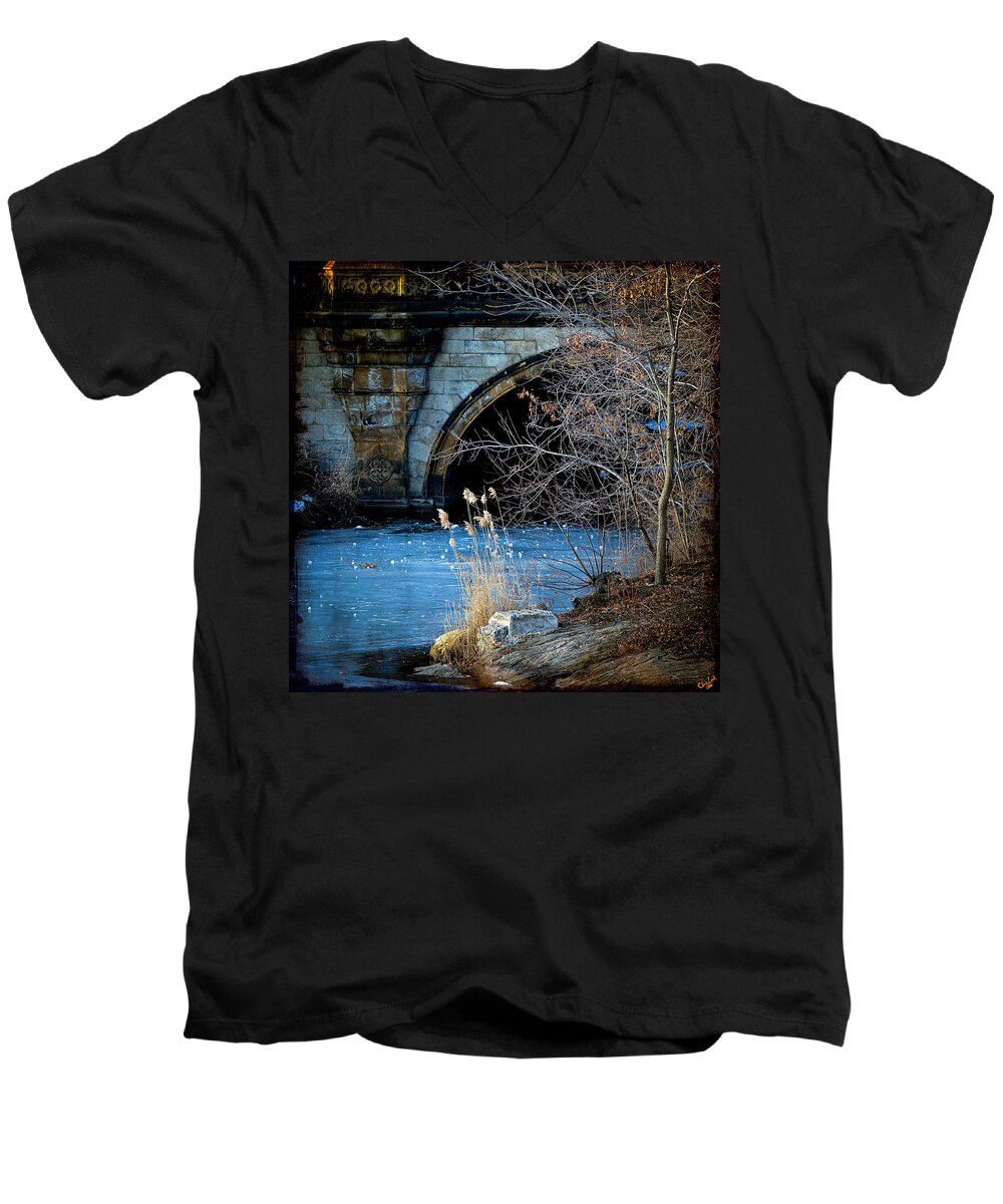 Central Park Men's V-Neck T-Shirt featuring the photograph A Frozen Corner in Central Park by Chris Lord