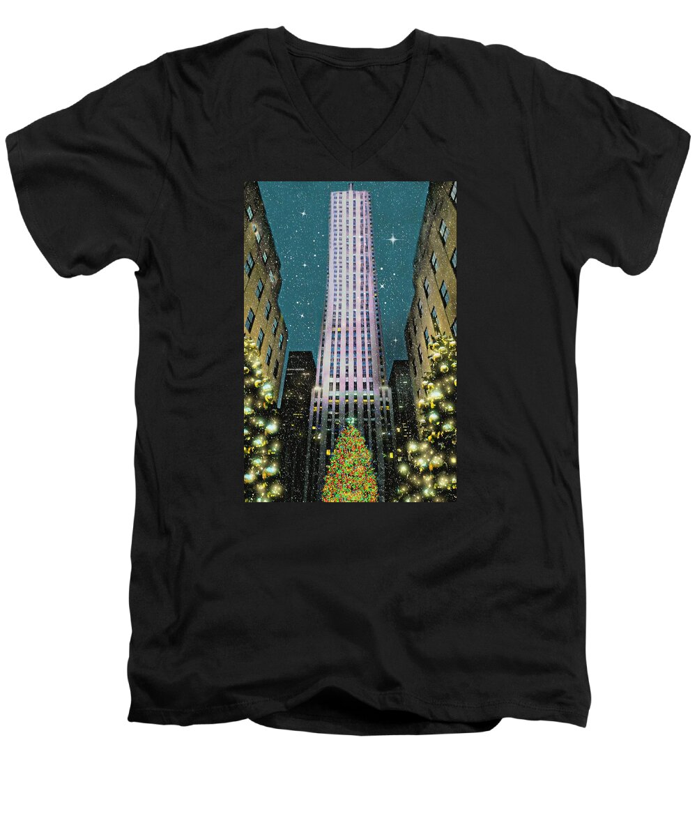 Rockefeller Center Men's V-Neck T-Shirt featuring the photograph A Rocking Christmas by Diana Angstadt