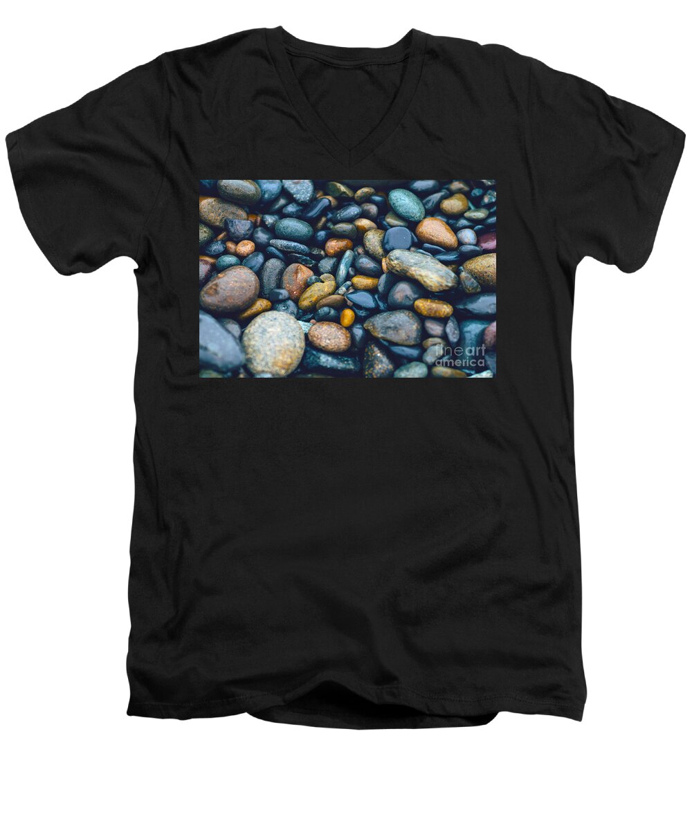923 Men's V-Neck T-Shirt featuring the photograph Abstract Nature Tropical Beach Pebbles 923 Blue by Ricardos Creations