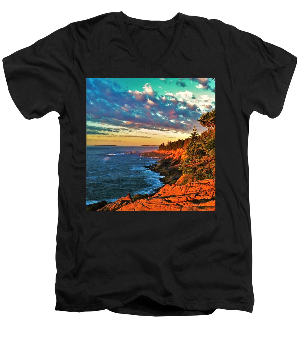 Dawn Men's V-Neck T-Shirt featuring the photograph Acadia at Dawn by Lisa Dunn