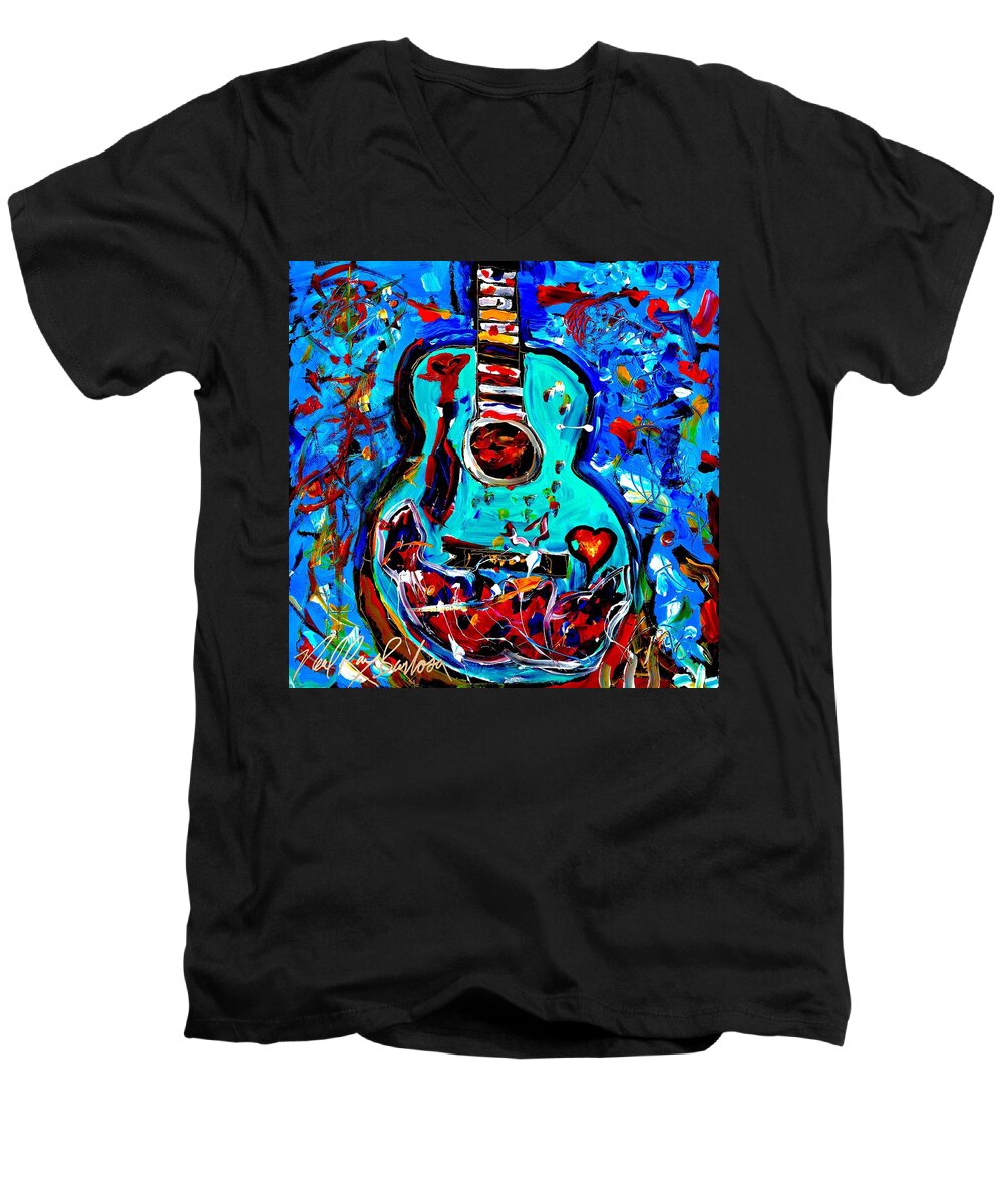 Acoustic Guitar Men's V-Neck T-Shirt featuring the painting Acoustic love guitar by Neal Barbosa