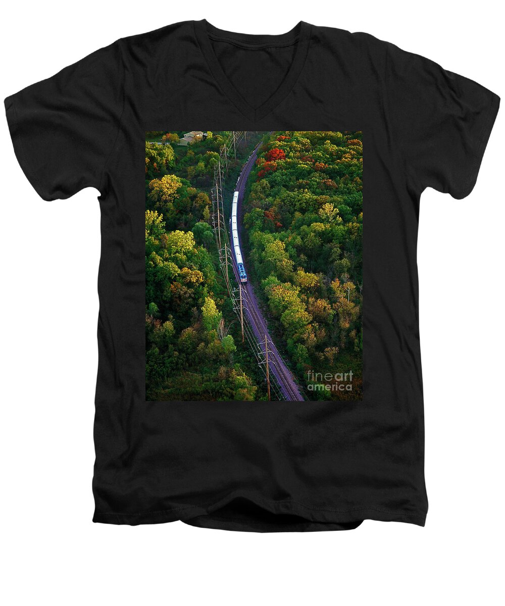 Aerial Men's V-Neck T-Shirt featuring the photograph Aerial of commuter train by Tom Jelen