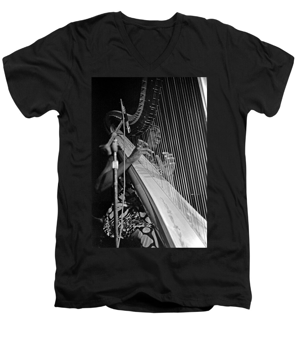Coltrane Men's V-Neck T-Shirt featuring the photograph Alice Coltrane on Harp by Lee Santa