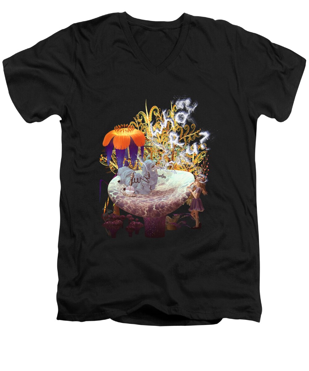 Alice In Wonderland Men's V-Neck T-Shirt featuring the digital art Alice N The Hookah Caterpillar by Two Hivelys