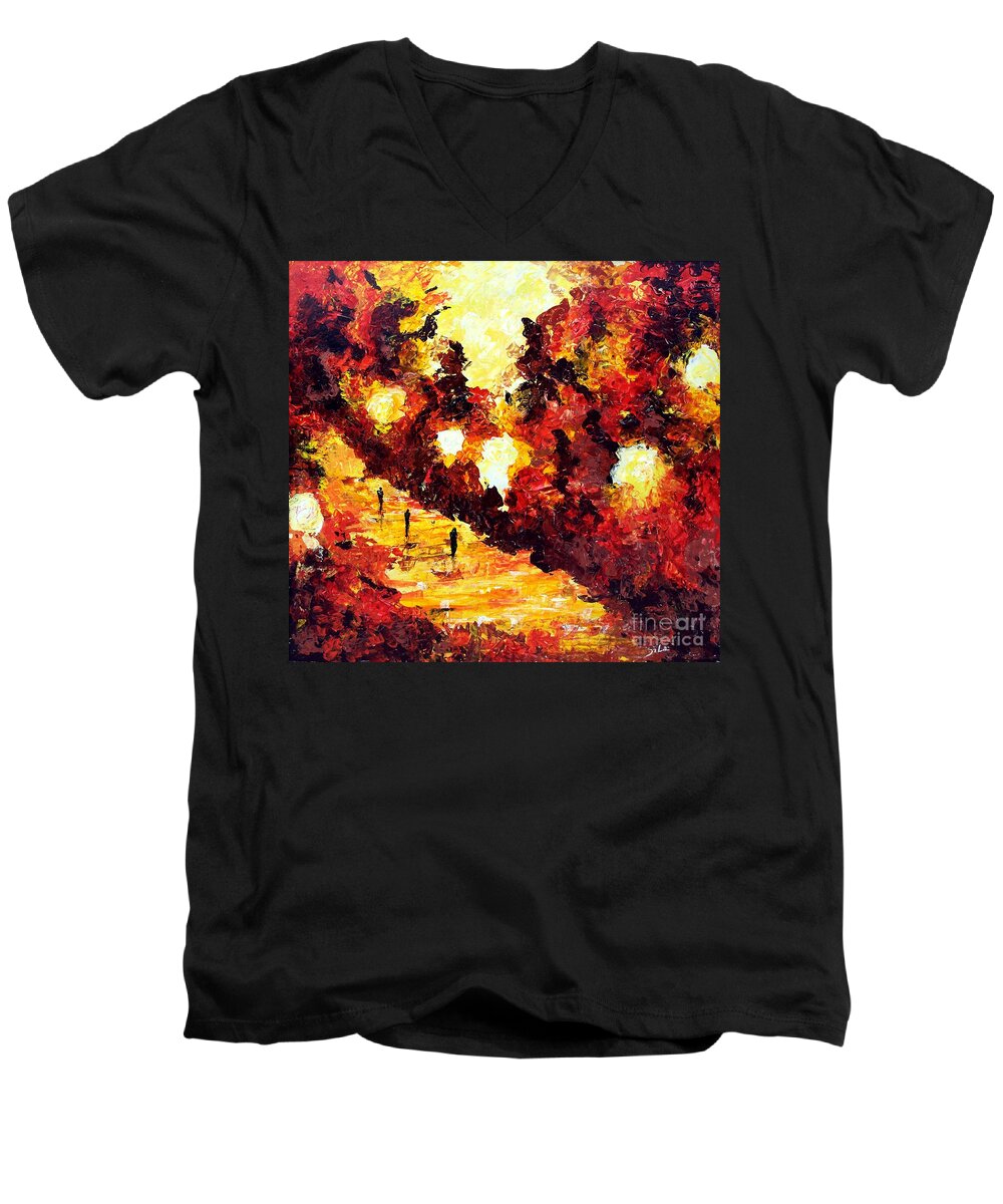 Pallet Knife Painting Men's V-Neck T-Shirt featuring the painting Ancient Park by Lidija Ivanek - SiLa