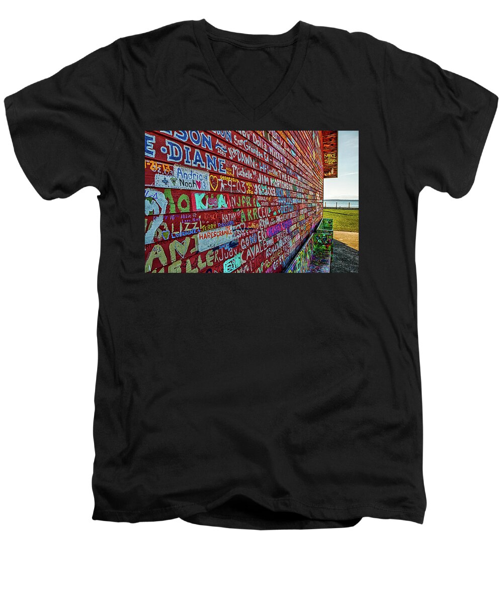 Anderson Warehouse Men's V-Neck T-Shirt featuring the photograph Anderson Warehouse Graffiti by Susan Rissi Tregoning