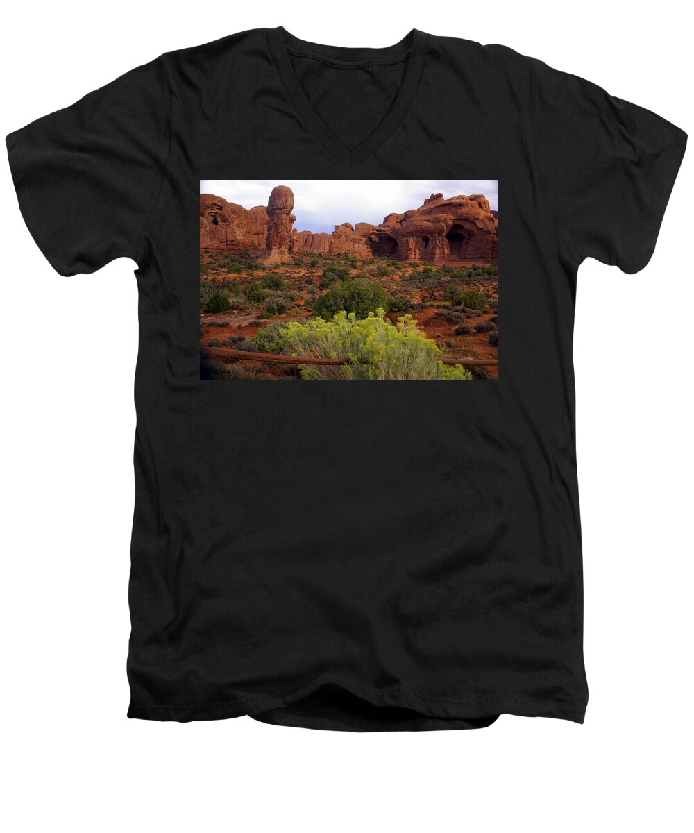 Southwest Art Men's V-Neck T-Shirt featuring the photograph Arches Park 1 by Marty Koch