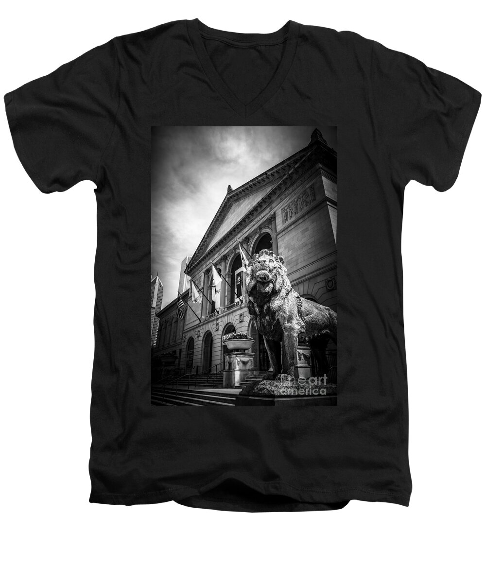 America Men's V-Neck T-Shirt featuring the photograph Art Institute of Chicago Lion Statue in Black and White by Paul Velgos