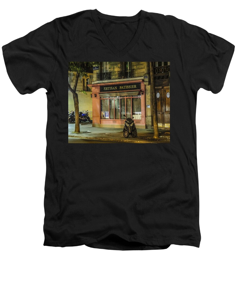 Artisan Patissier Men's V-Neck T-Shirt featuring the photograph Artisan Patissier Montmartre Paris by Sally Ross