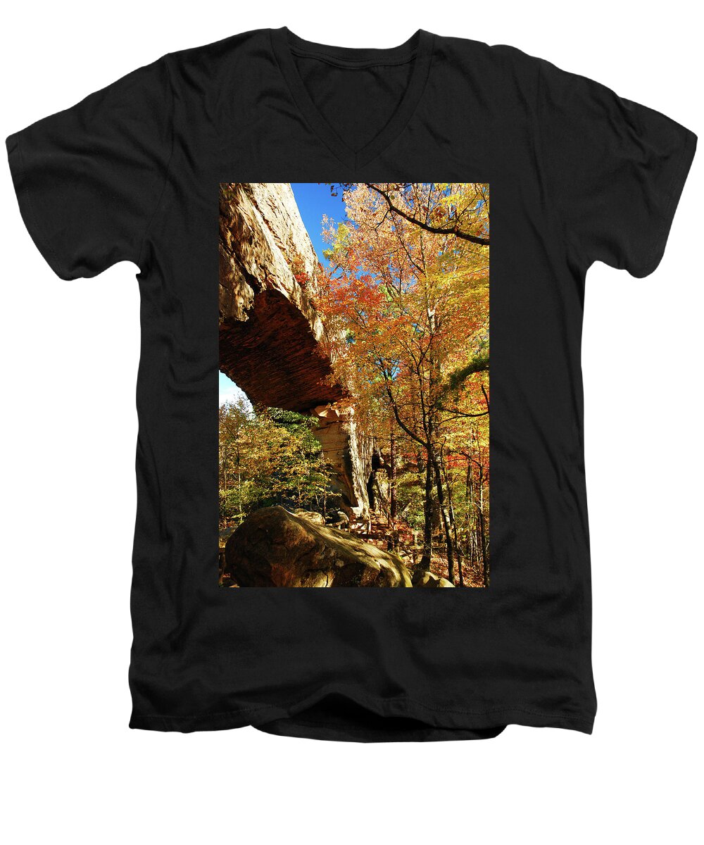 Natural Men's V-Neck T-Shirt featuring the photograph Autumn at Natural Bridge State Resort by James Kirkikis