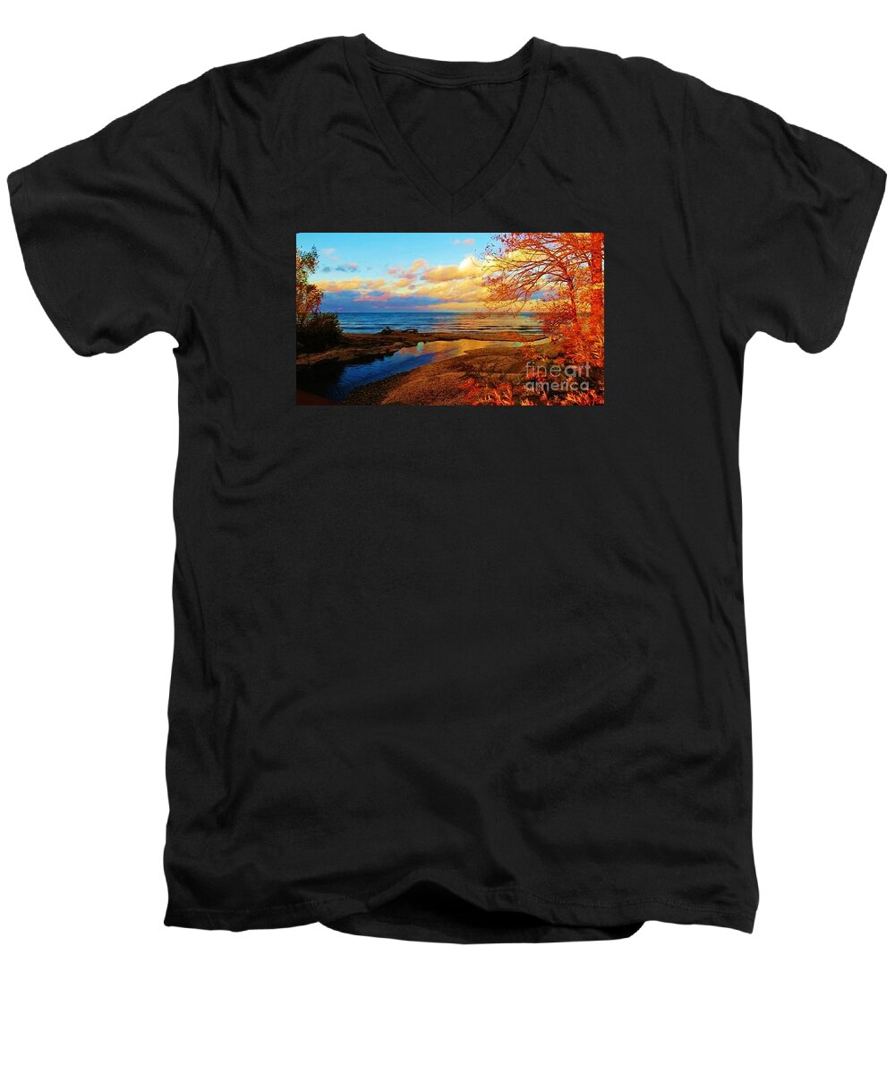 Autumn Men's V-Neck T-Shirt featuring the photograph Autumn Beauty Lake Ontario NY by Judy Via-Wolff