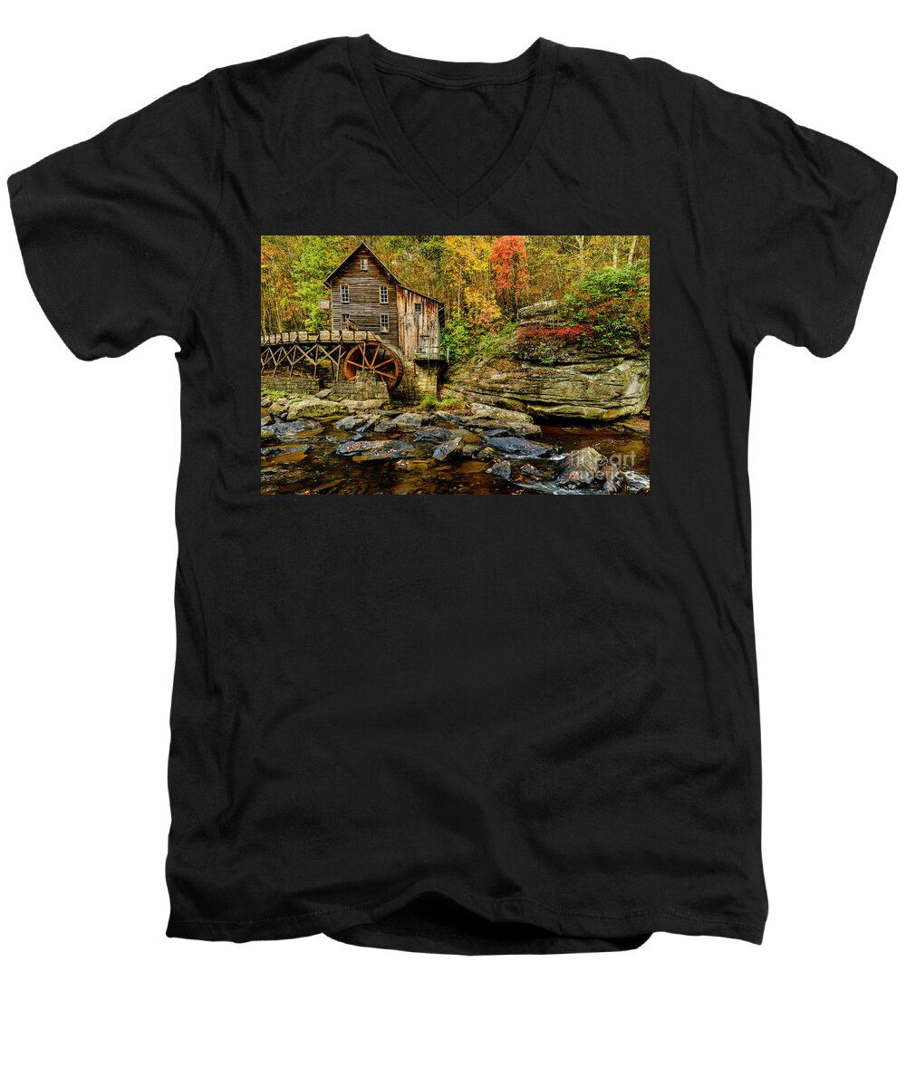 Babcock State Park Men's V-Neck T-Shirt featuring the photograph Autumn Glade Creek Grist Mill by Thomas R Fletcher
