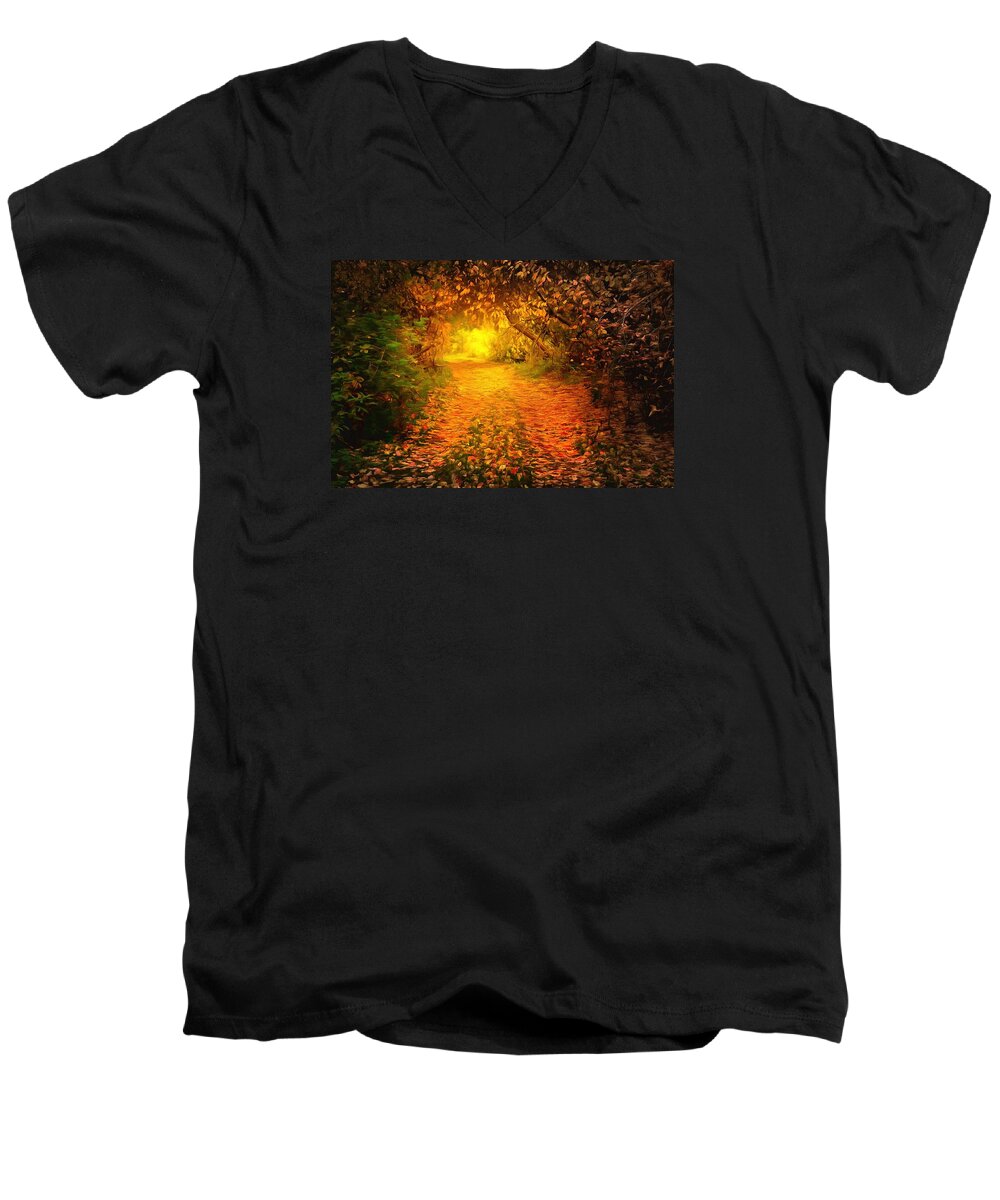 Autumn Men's V-Neck T-Shirt featuring the digital art Autumn light by Lilia S