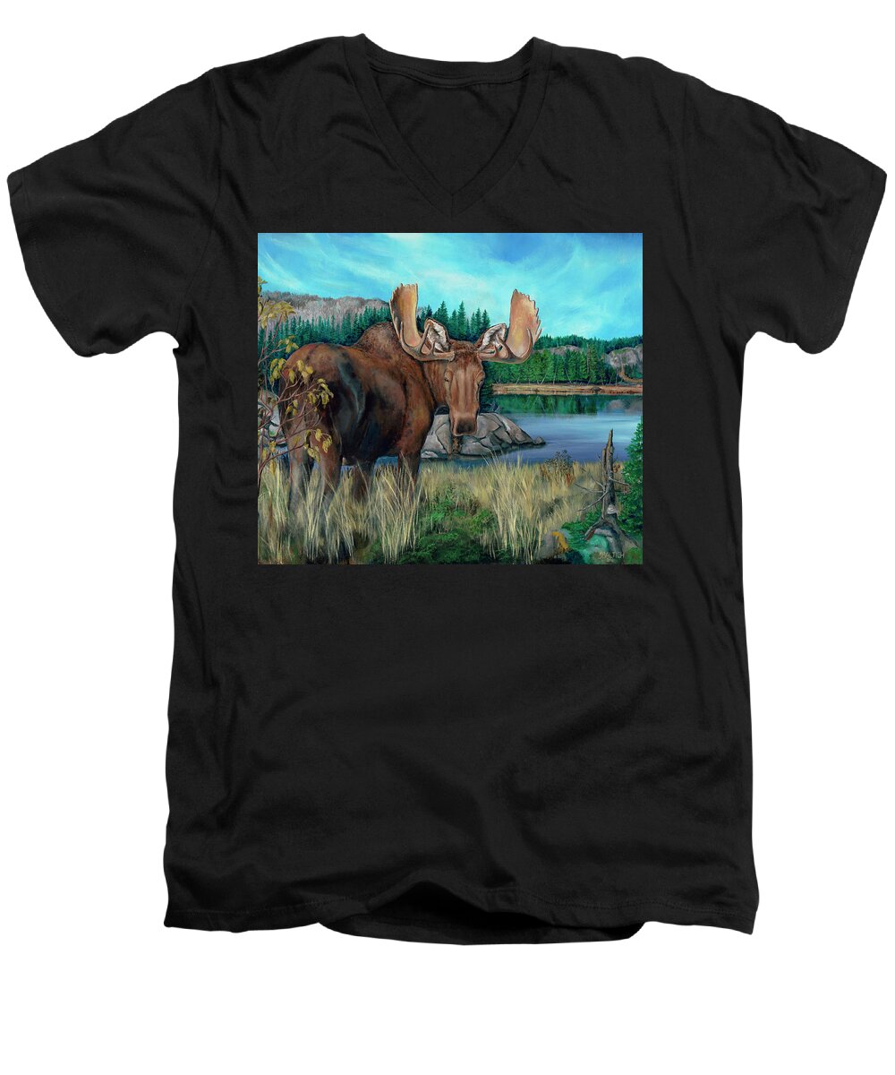 Bull Moose Men's V-Neck T-Shirt featuring the painting Autumn Moose by Joe Baltich