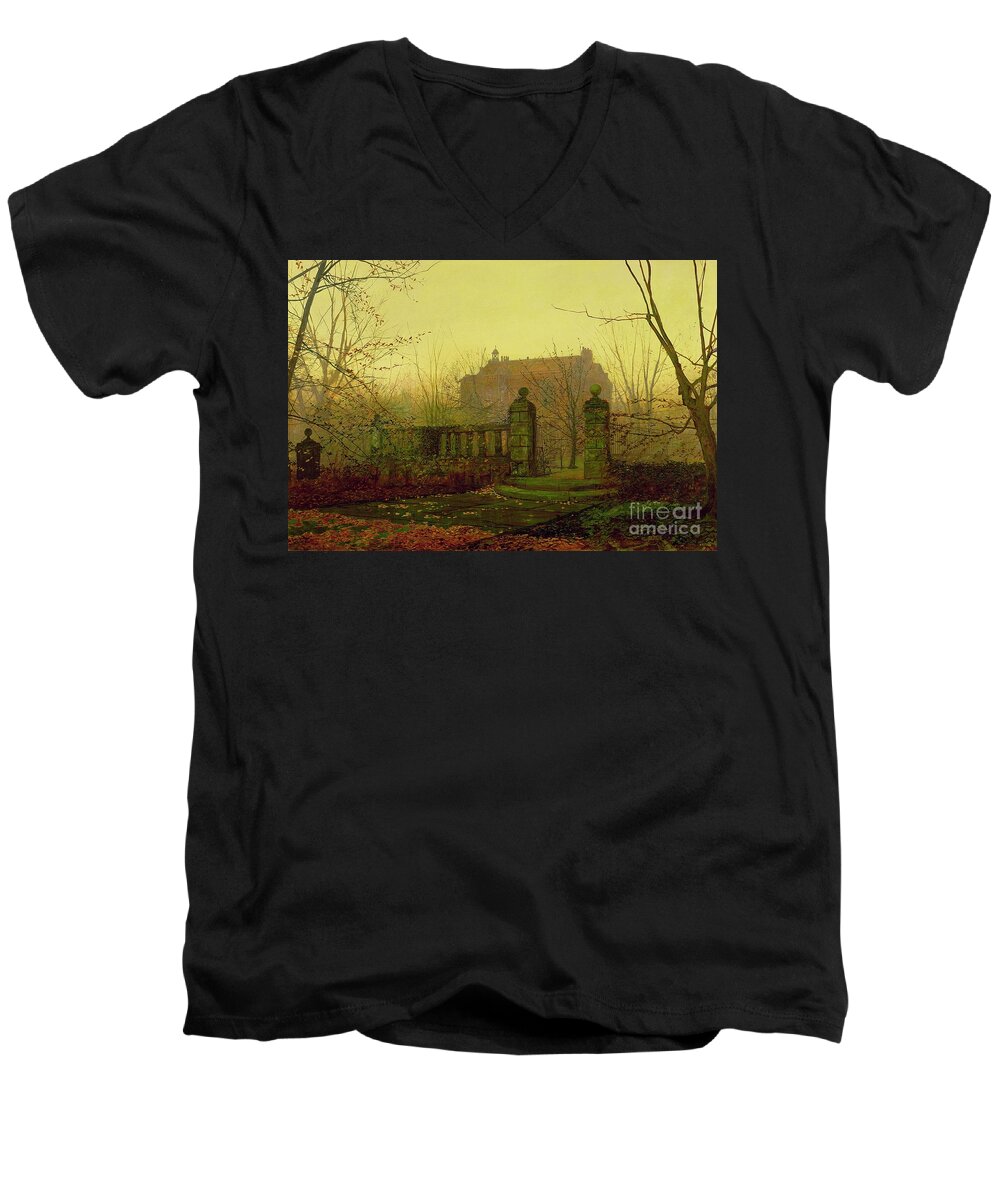 Autumn Men's V-Neck T-Shirt featuring the painting Autumn Morning by John Atkinson Grimshaw