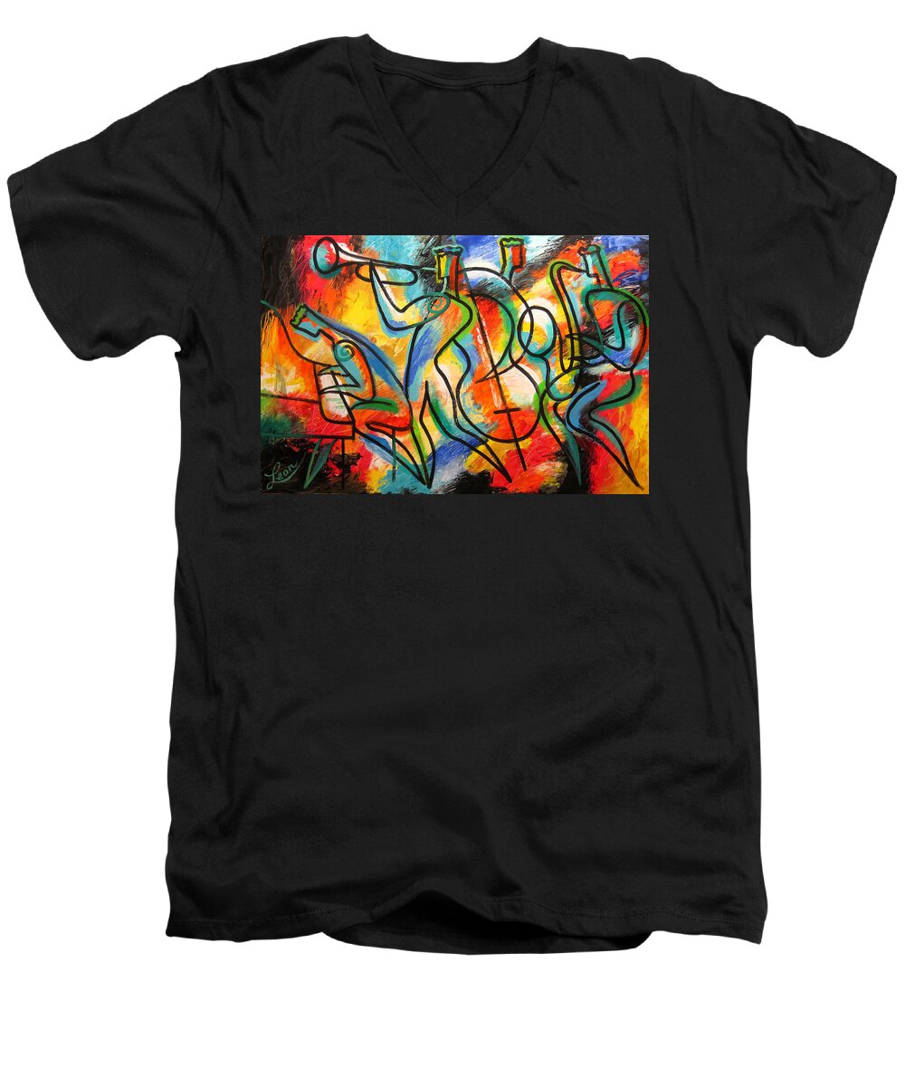 West Coast Jazz Men's V-Neck T-Shirt featuring the painting Avant-garde Jazz by Leon Zernitsky