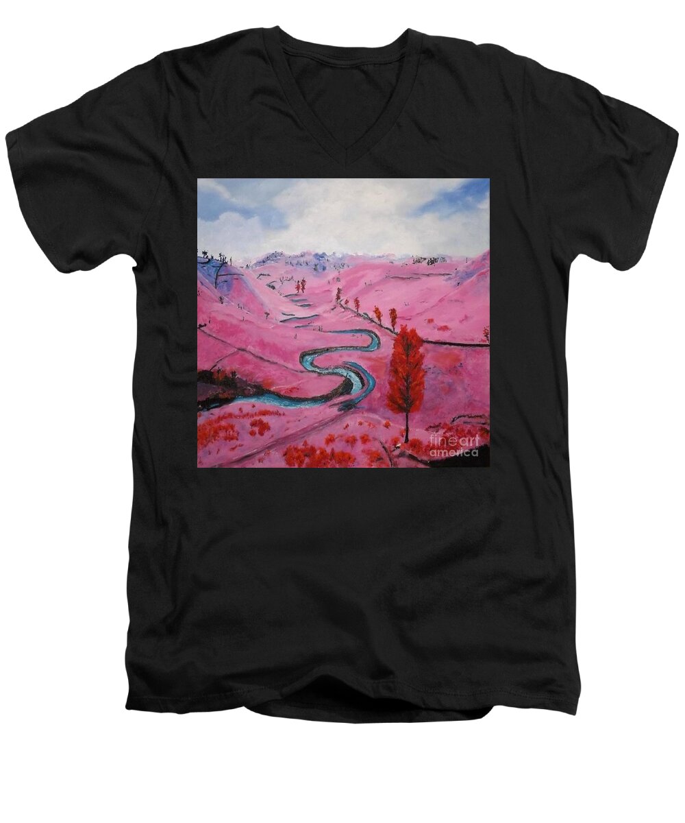 Landscape Men's V-Neck T-Shirt featuring the painting Azure River by Denise Morgan