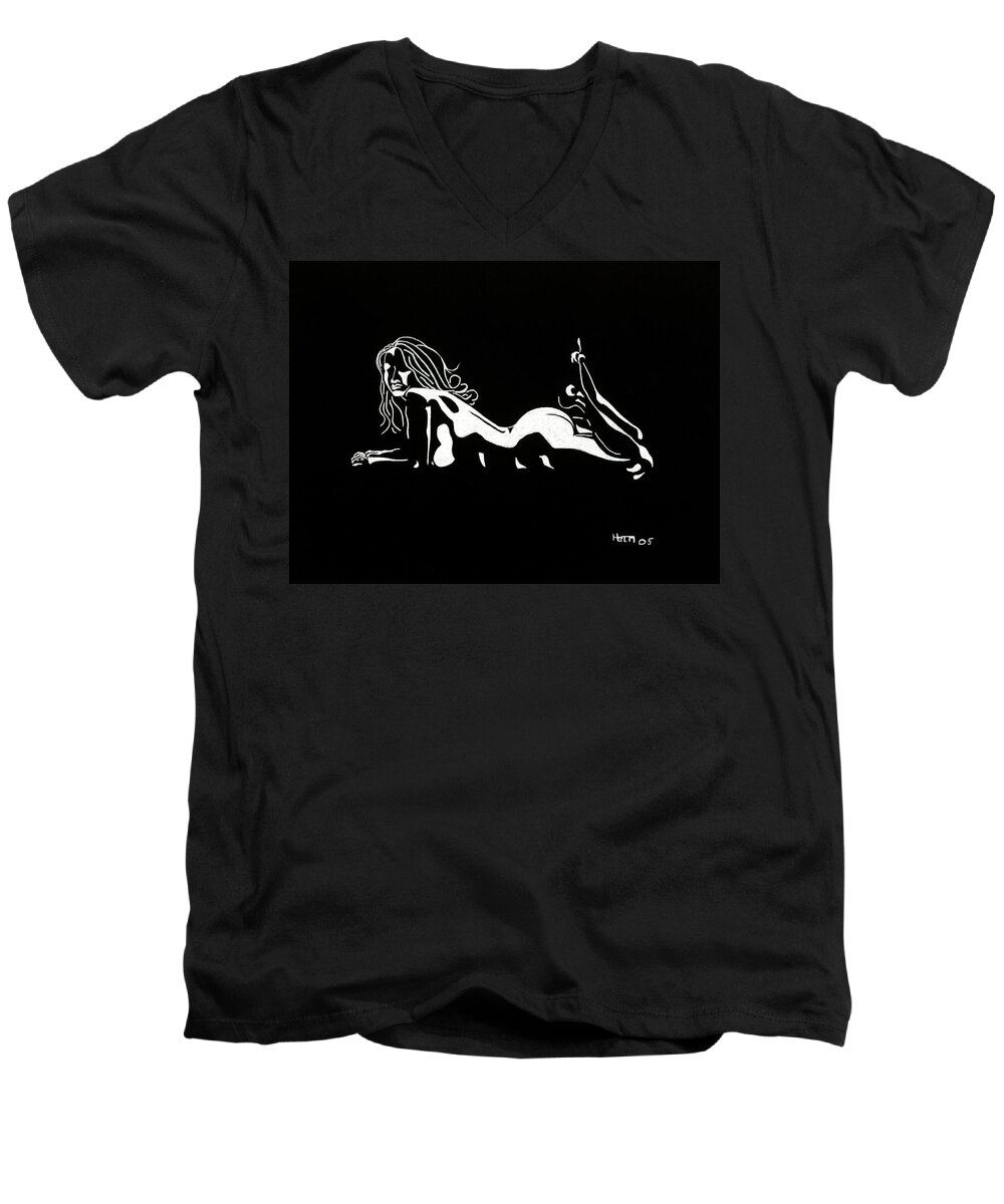  Sex Photographs Men's V-Neck T-Shirt featuring the drawing Bad Girl by Mayhem Mediums