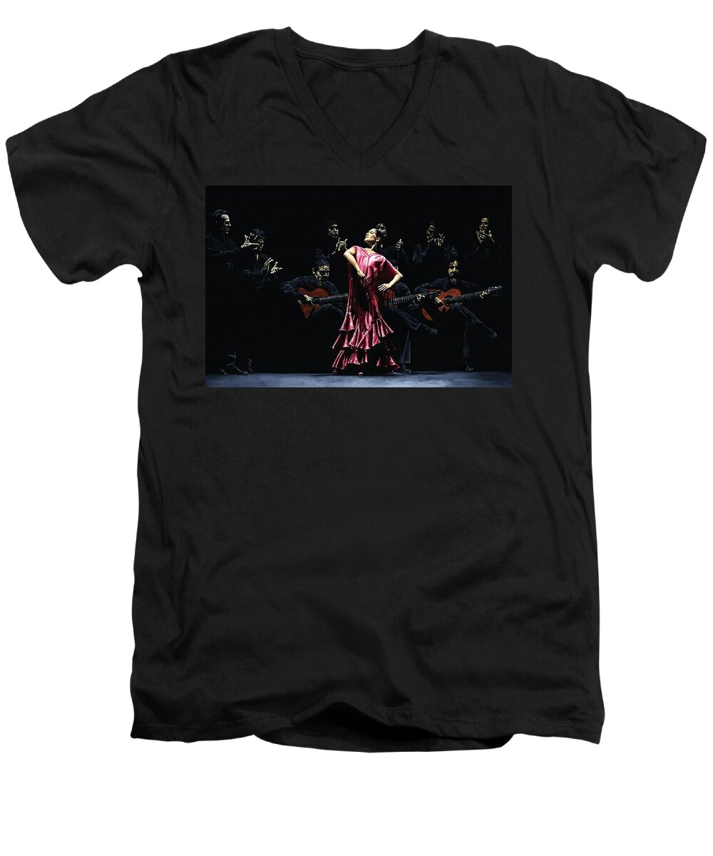 Flamenco Men's V-Neck T-Shirt featuring the painting Bailarina Orgullosa del Flamenco by Richard Young