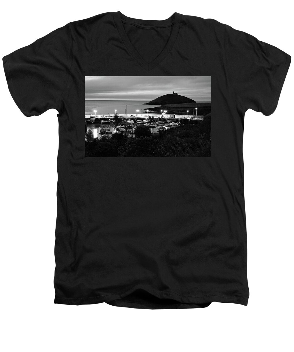 Travelpixpro Ireland Men's V-Neck T-Shirt featuring the photograph Ballycotton Ireland Marina Harbour and Lighthouse East County Cork Black and White by Shawn O'Brien