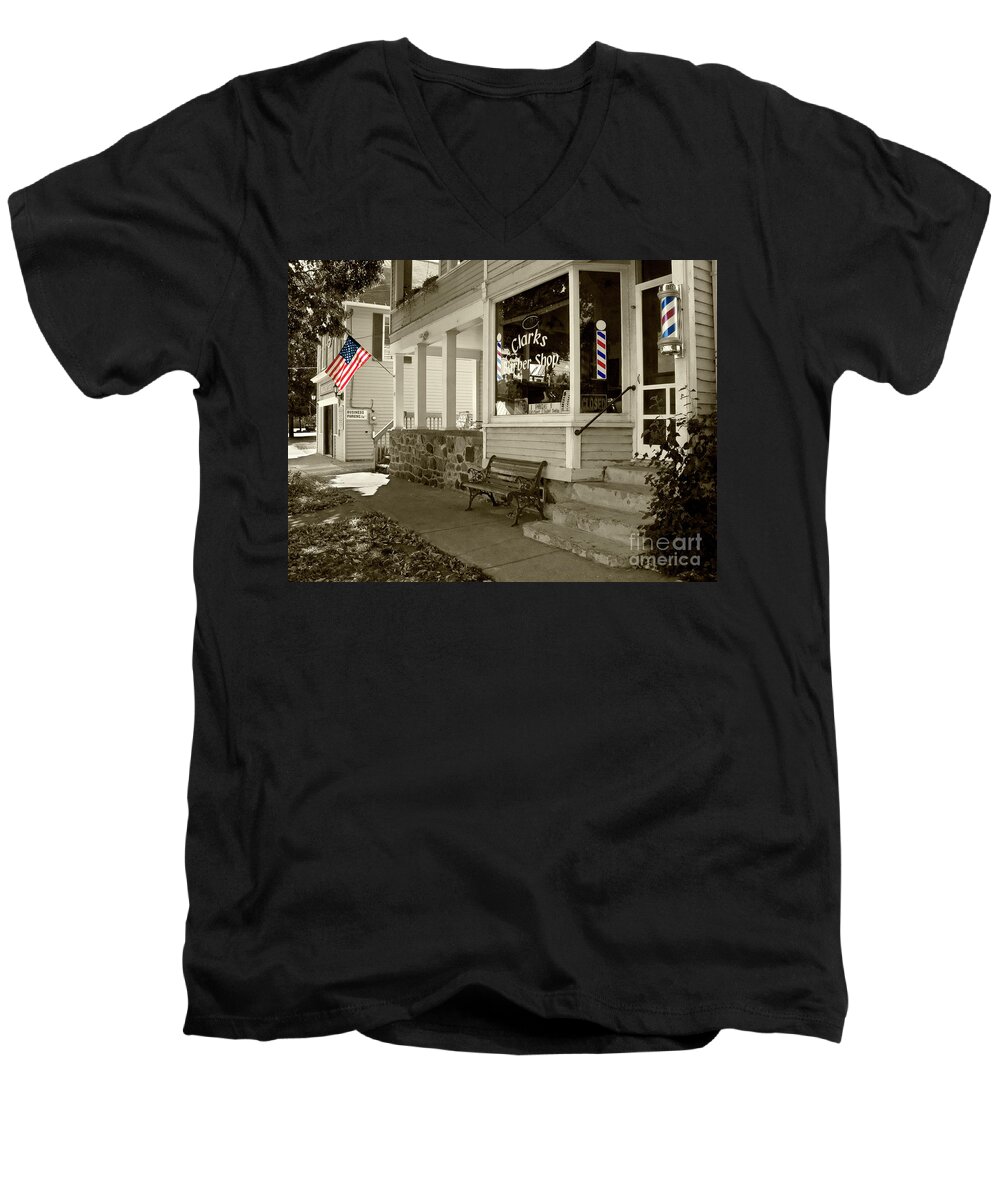 Flag Men's V-Neck T-Shirt featuring the photograph Clarks Barber Shop with Color by Tom Brickhouse