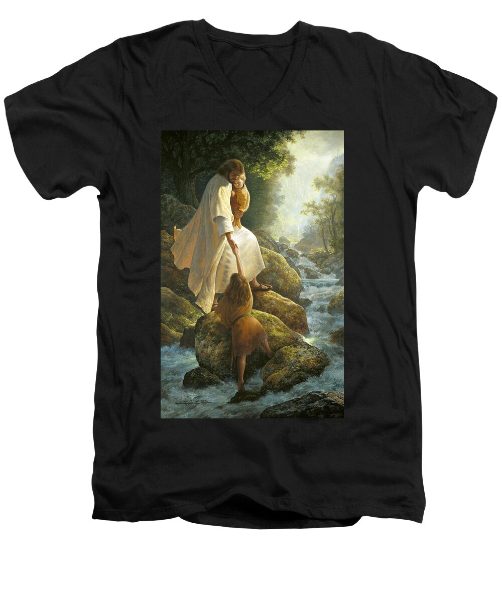 Jesus Men's V-Neck T-Shirt featuring the painting Be Not Afraid by Greg Olsen