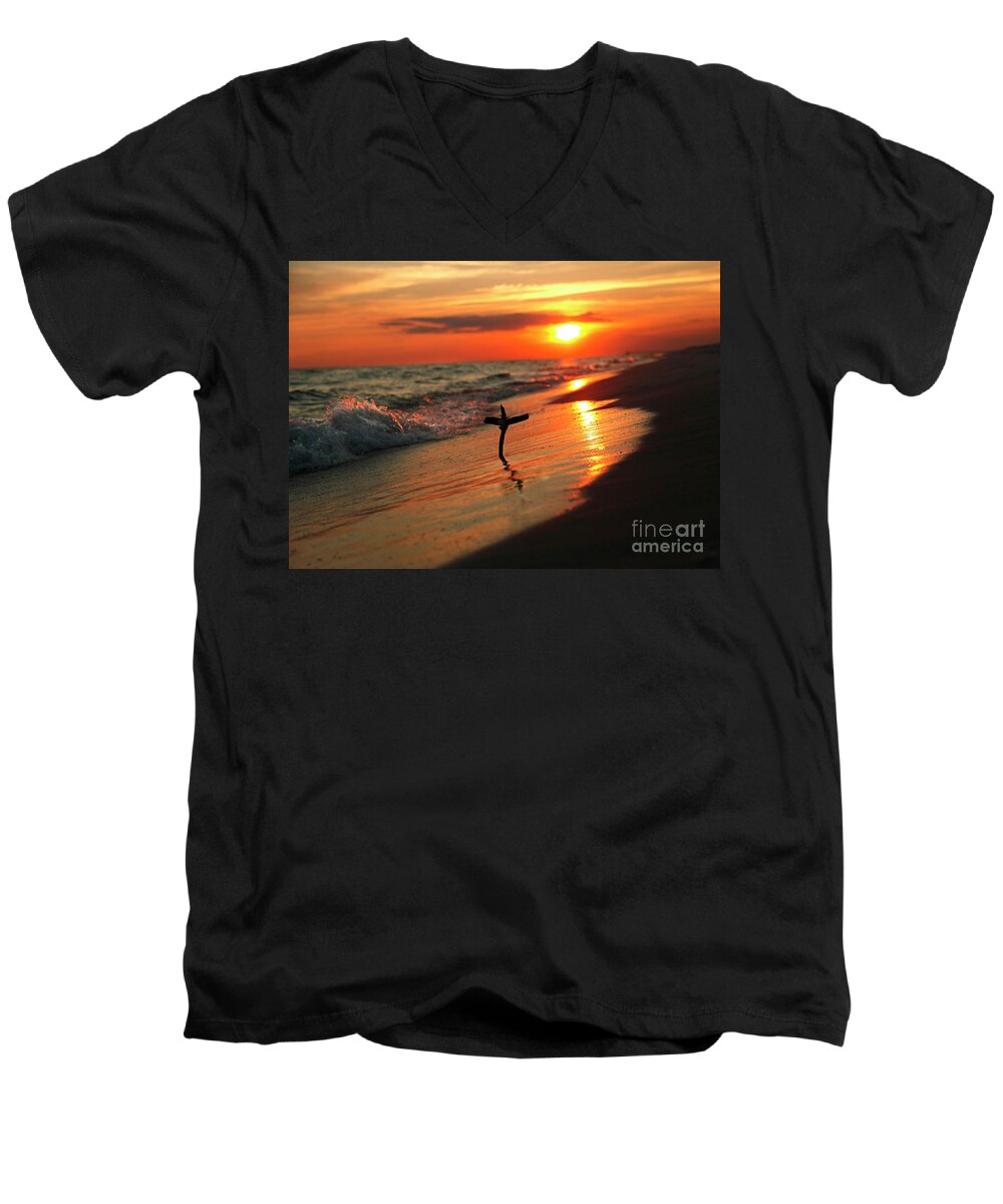 Destin Beach Men's V-Neck T-Shirt featuring the photograph Beach Sunset and Cross by Luana K Perez