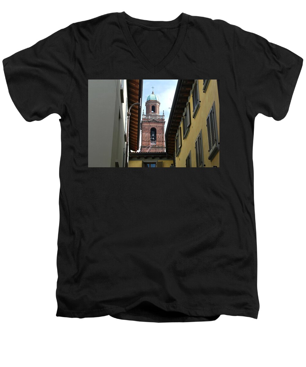 Caravaggio Men's V-Neck T-Shirt featuring the photograph Bell Tower Through the Buildings by Fabio Caironi