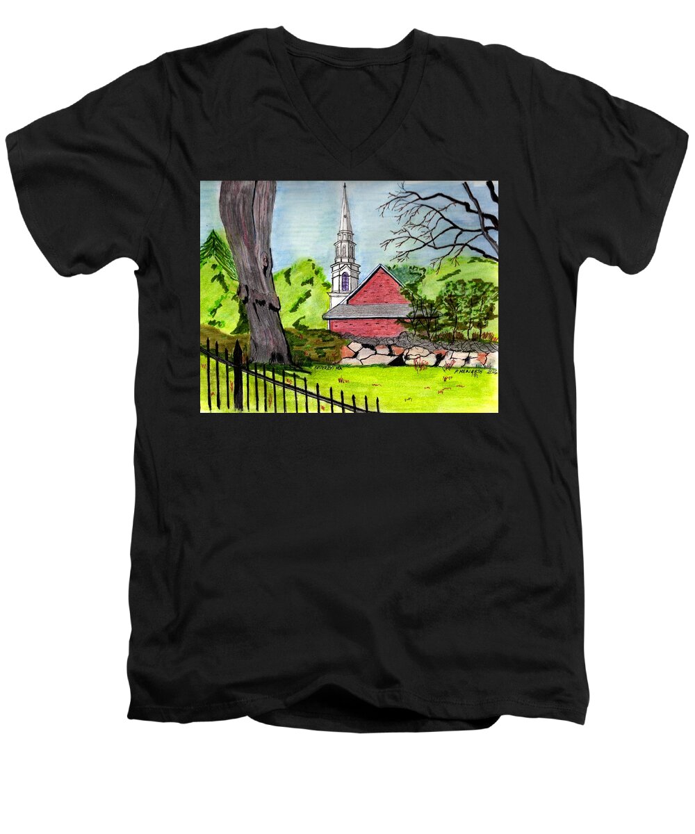 Drawings By Paul Meinerth Men's V-Neck T-Shirt featuring the drawing Beverly First Baptist Church by Paul Meinerth