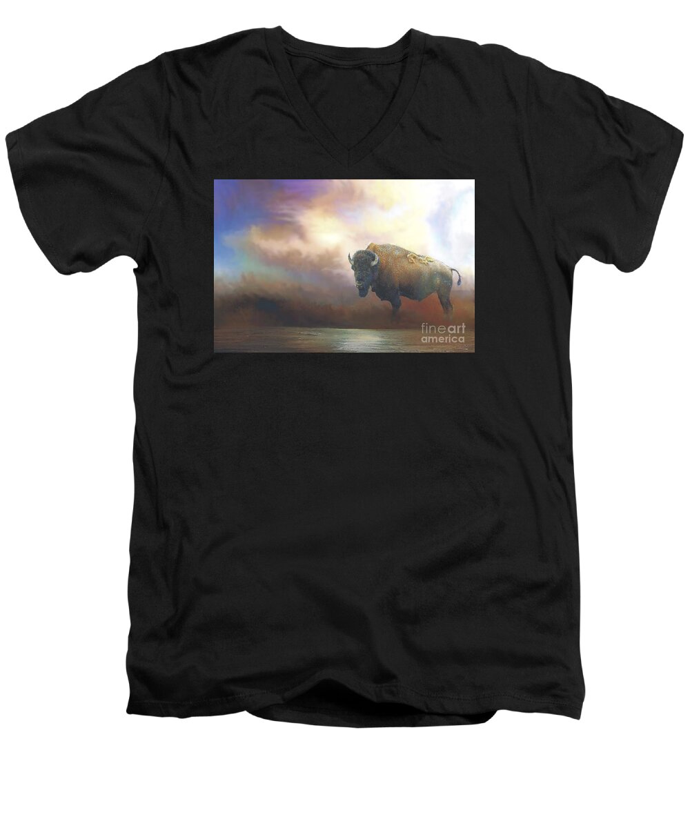 Bison Men's V-Neck T-Shirt featuring the photograph Bison in Yellowstone by Janette Boyd