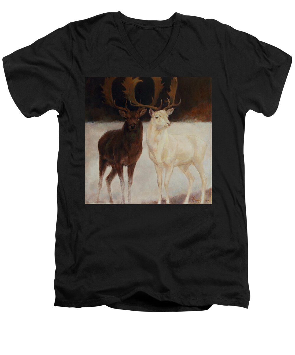 Deer Men's V-Neck T-Shirt featuring the painting Black and White Fallow Deers by Attila Meszlenyi