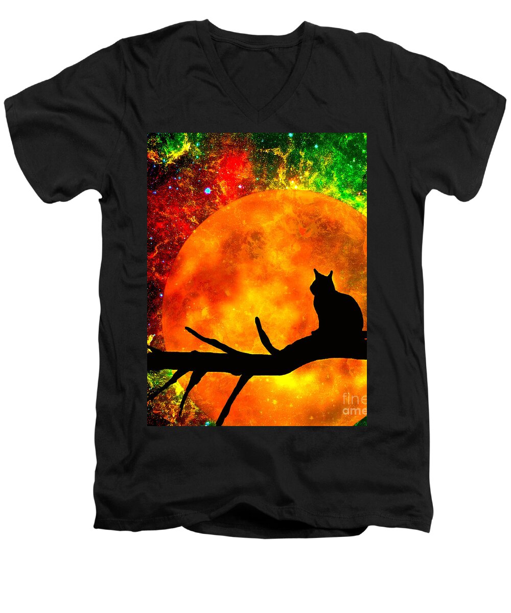Black Men's V-Neck T-Shirt featuring the painting Black Cat Harvest Moon by Saundra Myles