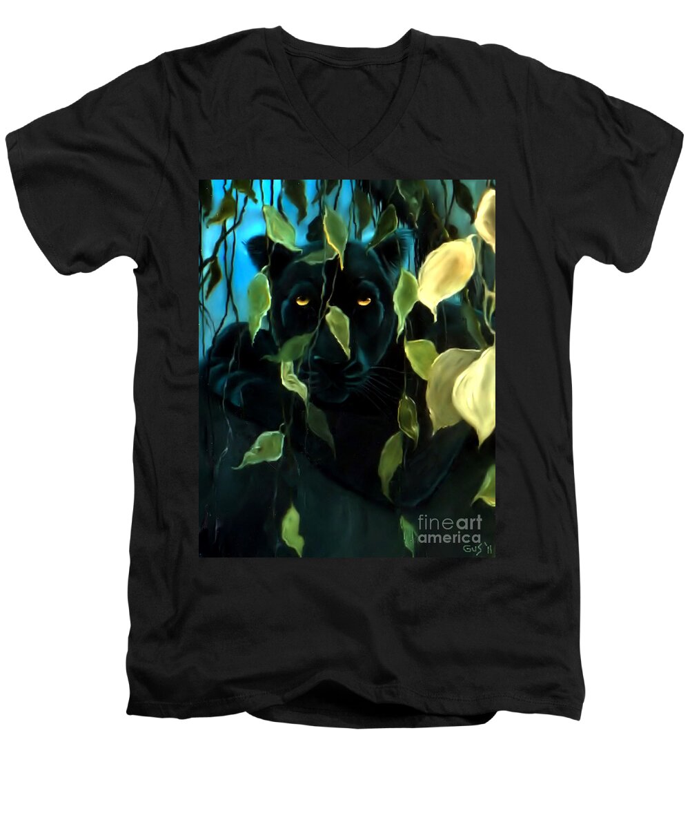 Black Panther Men's V-Neck T-Shirt featuring the painting Black Panther by Nick Gustafson